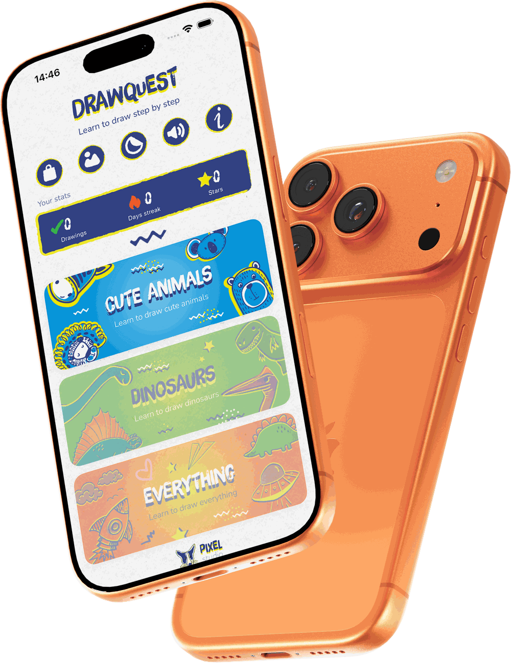 DrawQuest app home screen shown on an iPhone