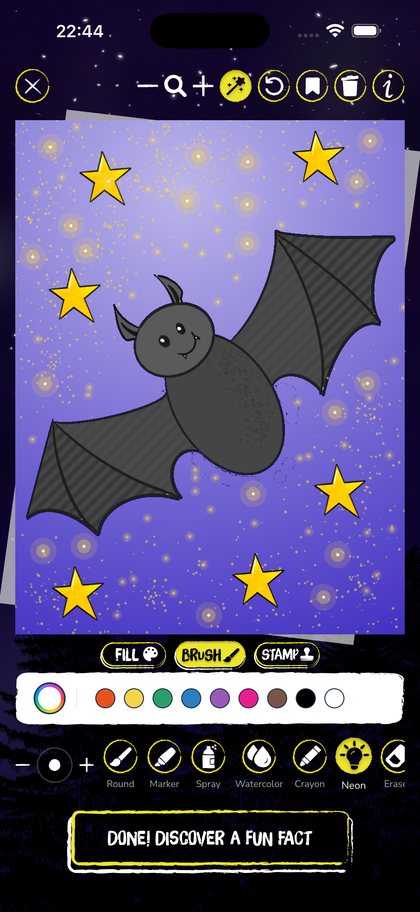 DrawQuest coloring screen showing a glowing bat